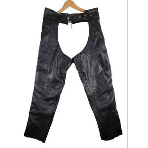 Leather King Motorcycle Chaps Black Leather Belted Laced Zip Snap Leg Unisex Med